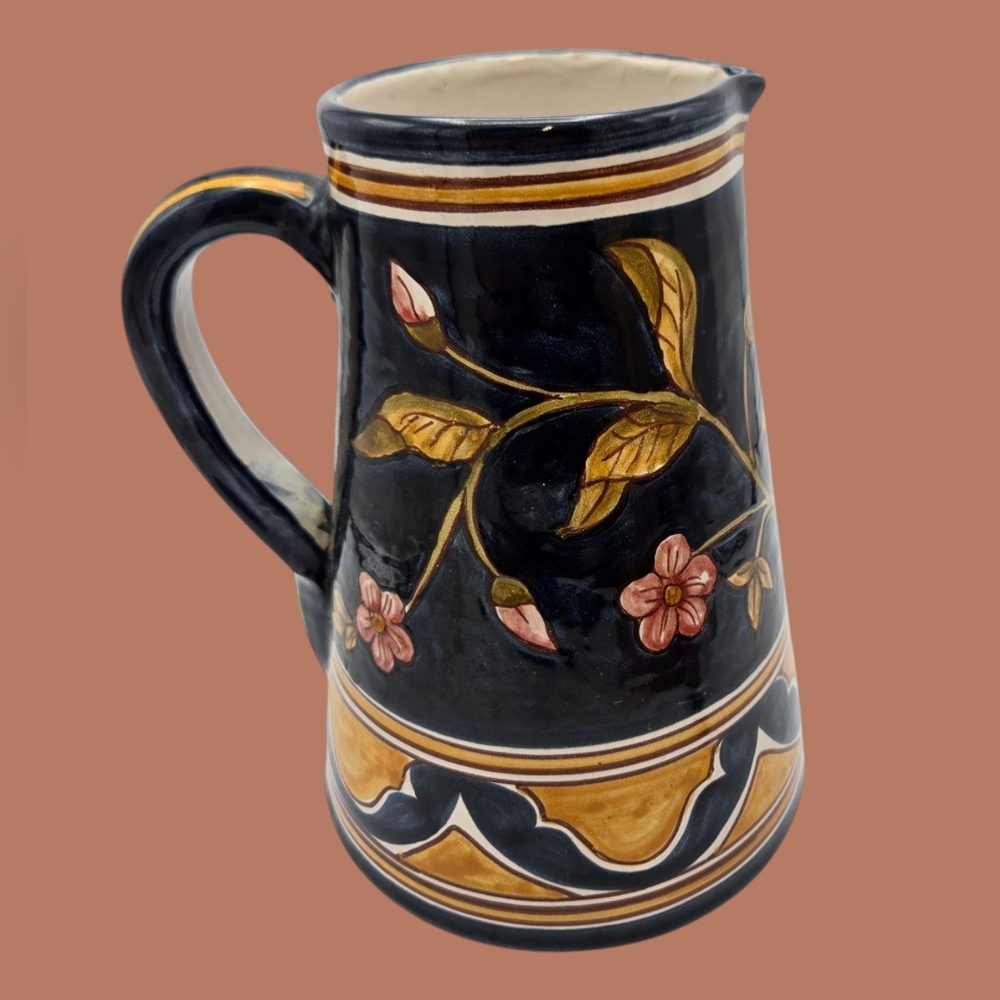Vintage Manuel Rey Rama Sevilla Spain Handcrafted Floral Ceramic Pitcher Signed